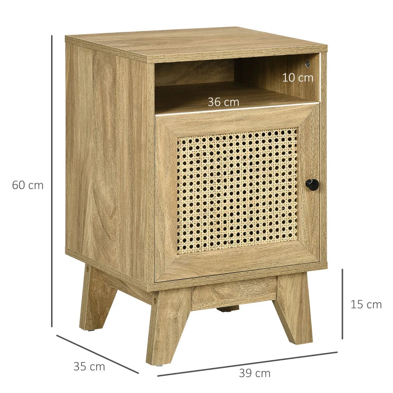 Side Table with Rattan Element, Shelf and Cupboard