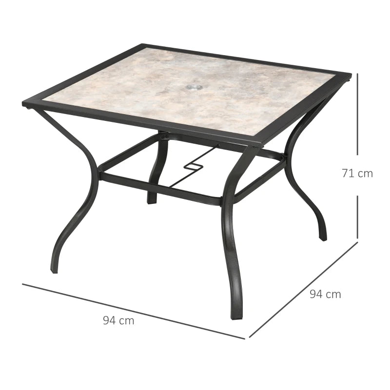 Square Garden Table with Stone Grain Effect Wooden Tabletop and Parasol Hole (Parasol not Included) - Stone