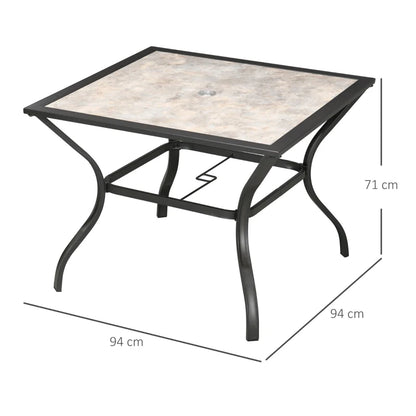 Square Garden Table with Stone Grain Effect Wooden Tabletop and Parasol Hole (Parasol not Included) - Stone