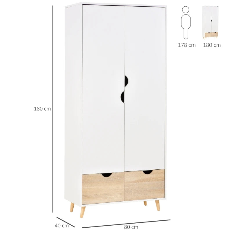 2-Door Wardrobe with Hanger Rail and 2 Underneath Drawers - White / Pine Wood