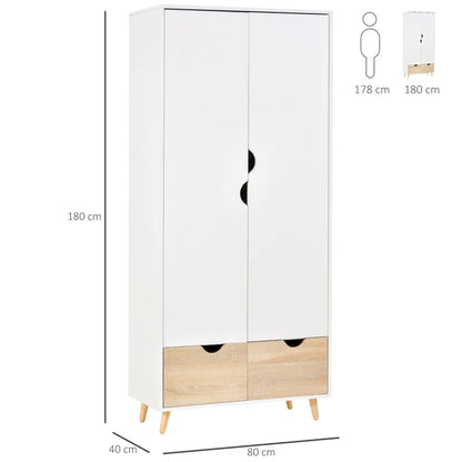 2-Door Wardrobe with Hanger Rail and 2 Underneath Drawers - White / Pine Wood