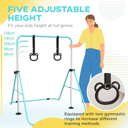 Adjustable Height Gymnastics Bar with Gymnastic Rings Attachment Included - For Kids - Green