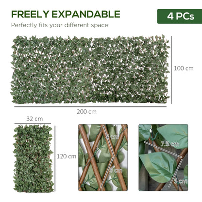 4 Piece Expanding Trellis Fence Decorative Privacy Screen with Artificial Leaves Garden Telescopic Hedge Greenery Walls - (2 x 1m)