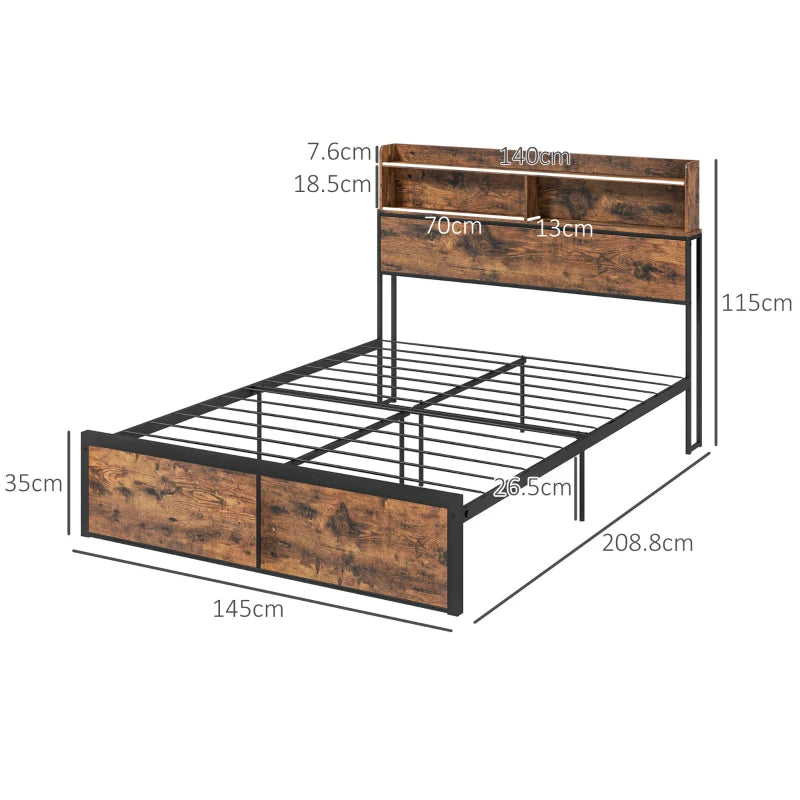 Rustic Style Double Bed Frame with Headboard Storage Feature