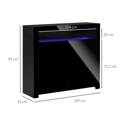 High Gloss Storage Cabinet with LED Light and 4 Section Shelving - Black