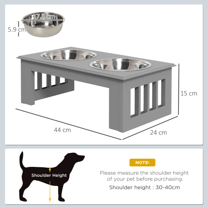 Raised Wooden Feeder with 2 Stainless Steel Bowls for Extra Small and Small Dogs - Grey