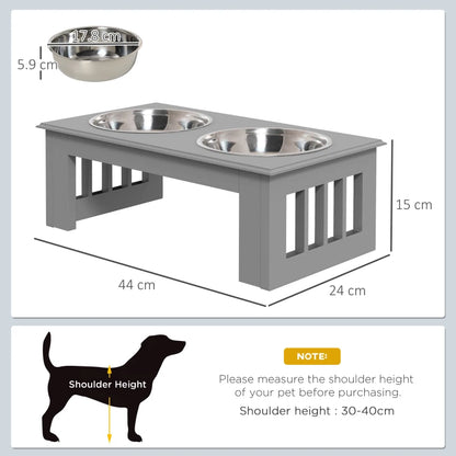 Raised Wooden Feeder with 2 Stainless Steel Bowls for Extra Small and Small Dogs - Grey