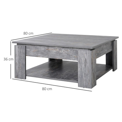 Wood Grain Effect - 2-Tier Modern Low Sitting Square Coffee Table with Underneath Storage Shelf