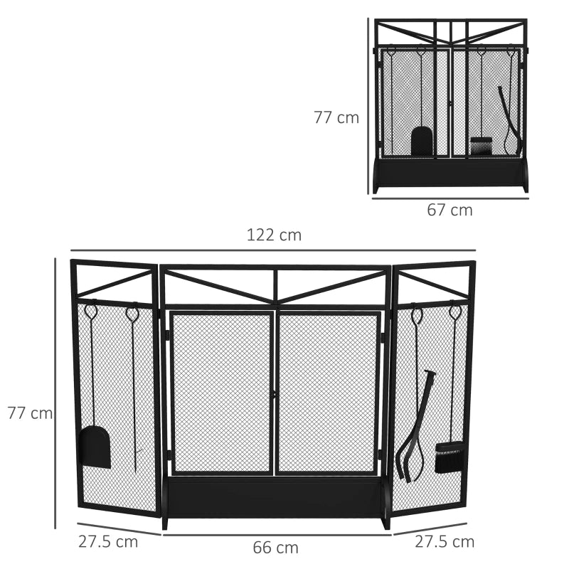 3-Panel Folding Fire Guard Screen / Spark Guard with Tool Set and Front Doors