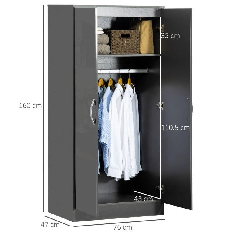 High Gloss Grey 2-Door Wardrobe with Hanging Rod and Storage Shelf