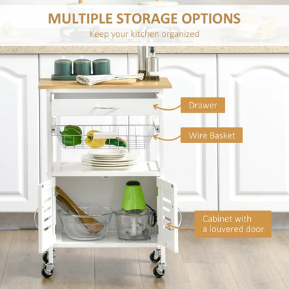 Rolling Kitchen Island Trolley Utility Cart on Wheels with Drawer, Wire Basket and Cupboard