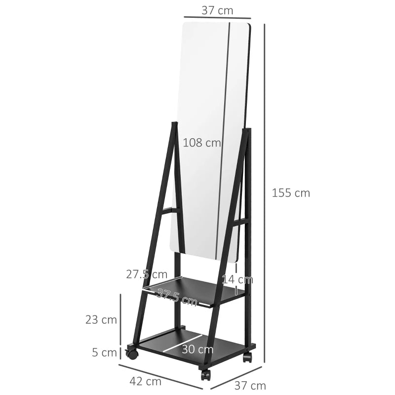 Freestanding Full Length Dressing Mirror on Wheels with Adjustable Angle & Storage Shelves