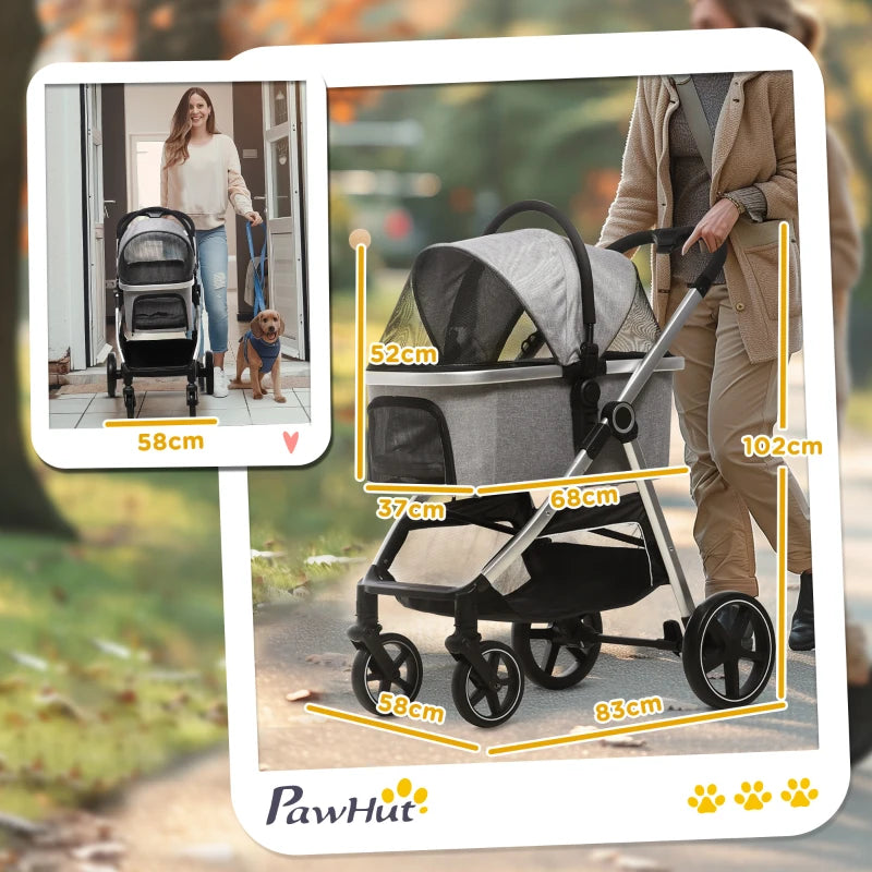 3-in-1 Foldable Pet Stroller with Detachable Carry Bag and Safety Leash - Grey