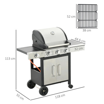 3 Burner Gas Grill + 1 Side Burner Stove Top with Side Shelf and Underneath Storage