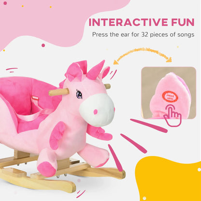 Pink Unicorn Style Ride on Rocking Horse with Safety Belt and Wooden Base