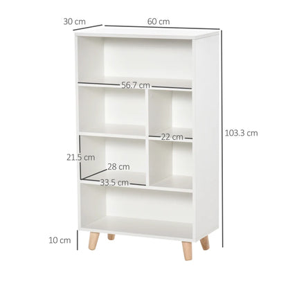 6 Section Mid Length Bookcase - Shelf Storage Cabinet with Legs