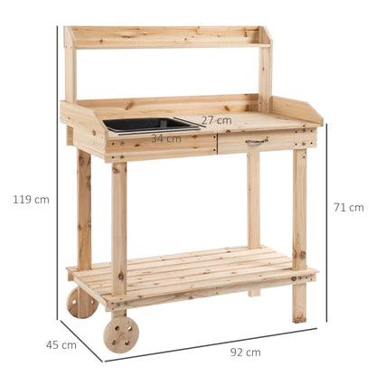 Wooden Potting Bench Work Table with Wheels, Sink, Drawer and Large Storage Section