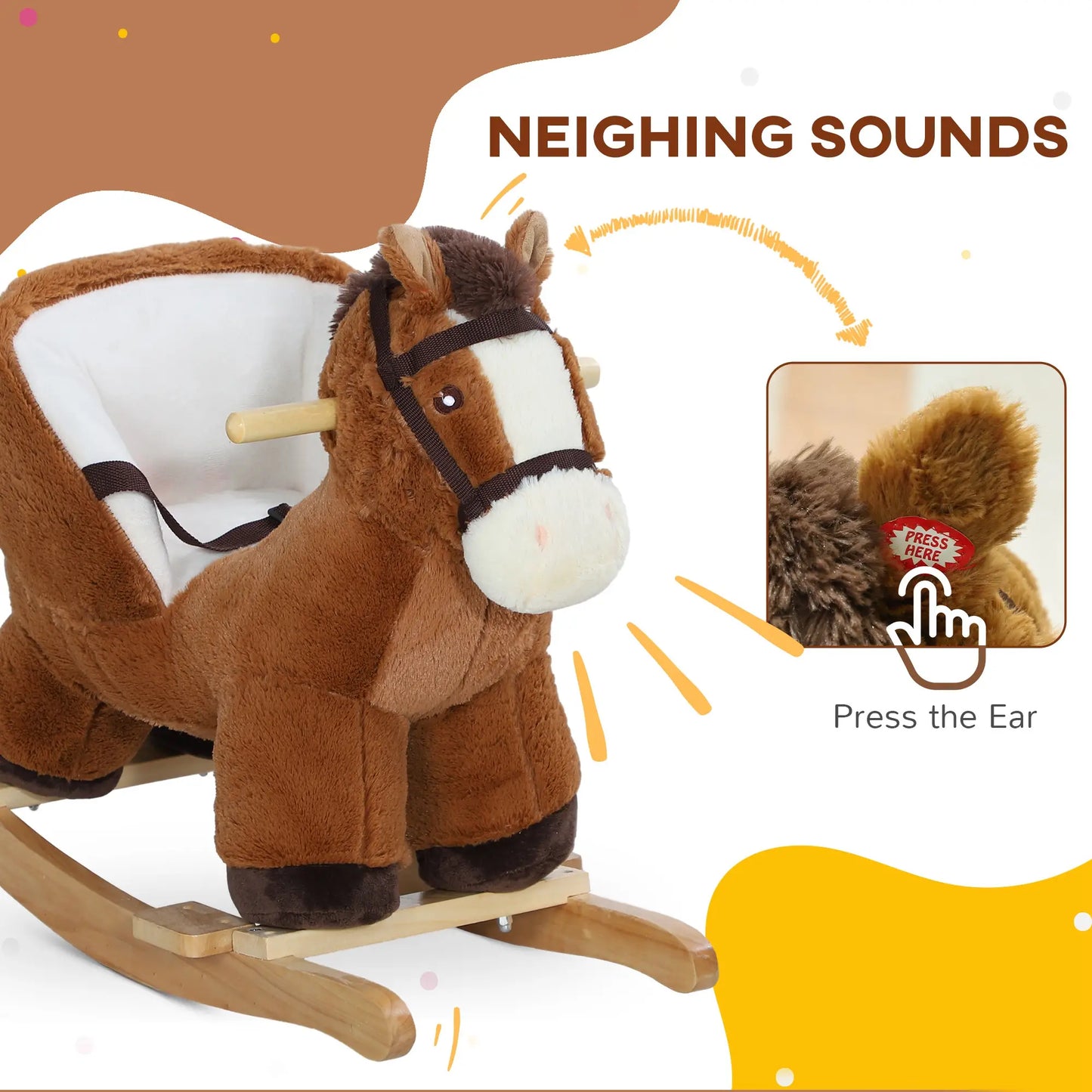 Kids Rocking Horse Plush Ride on Horse with Sound Effect and Wooden Base