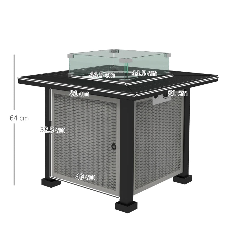 50000 BTU - Square Propane Gas Smokeless Fire Pit Table with Glass Screen - Grey / Black