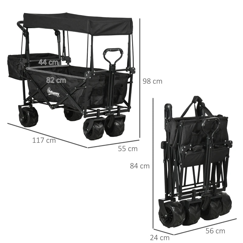 Folding Trolley Cart - Storage Wagon with Canopy & Handle - Black