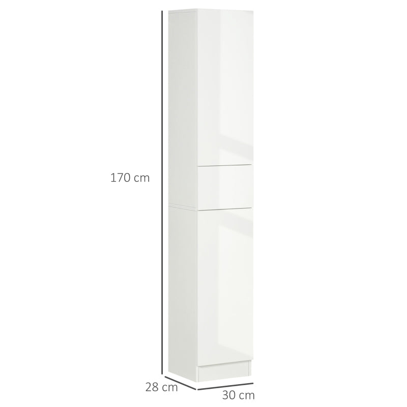 High Gloss - Tall Bathroom Cabinet with Adjustable Shelves & Storage Drawer