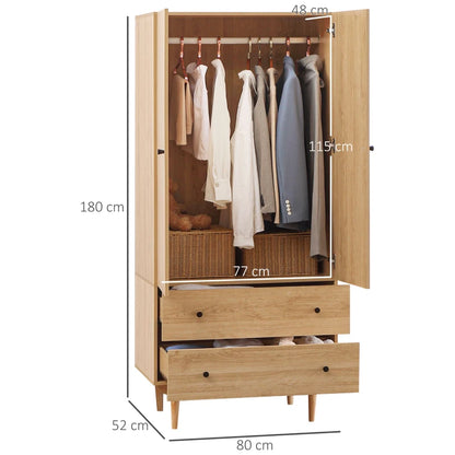 Wooden Freestanding Wardrobe with 2 Drawer Storage and Wooden Pole Feet