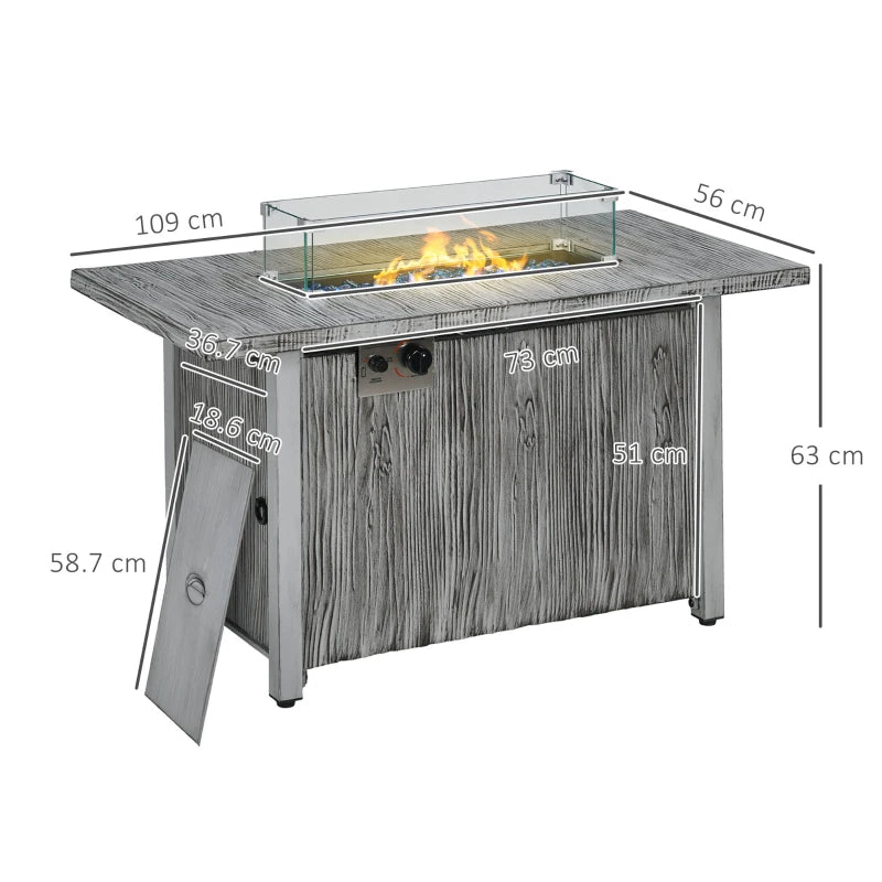 50,000 BTU - Rectangular Grey Wood Effect Fire Pit Table with Glass Windscreen