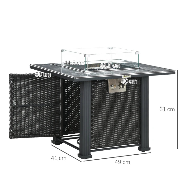 50,000 BTU - Rattan Style Fire Pit Table with Black Marble Tabletop Style Surround and Glass Windscreen