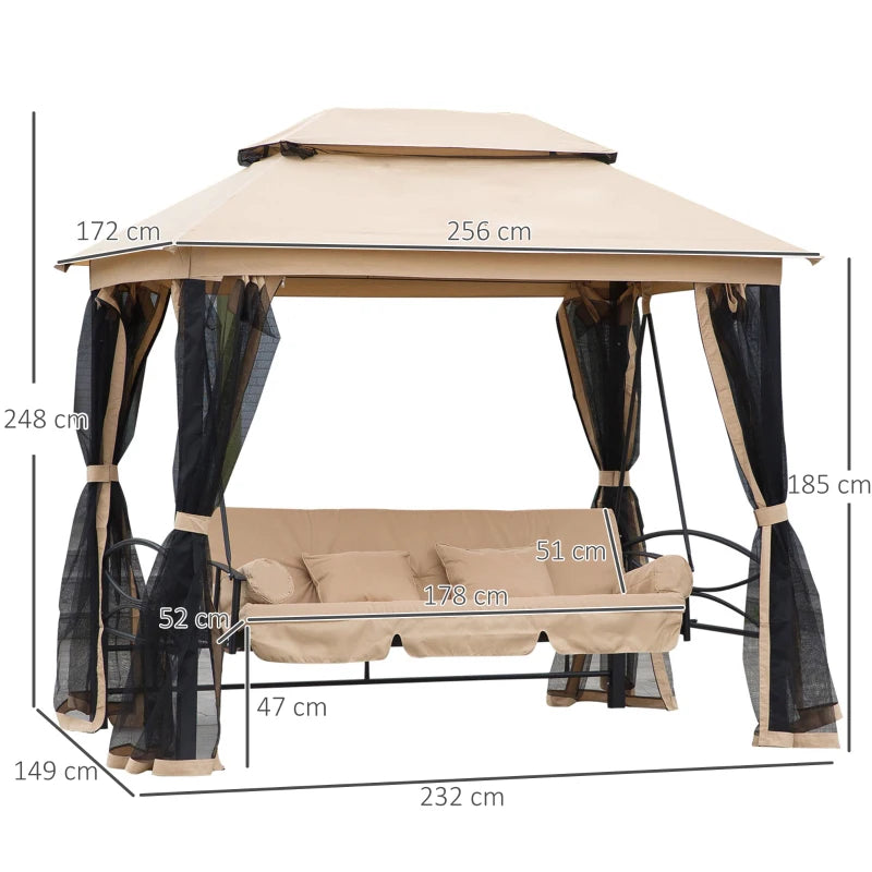 2-in-1 - 3 Seater Convertible Bed / Gazebo Swing Chair with Double Tier Canopy, Cushioned Seat and Mesh Sidewalls - Cream/Black