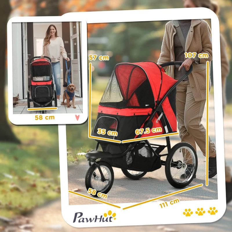 Pet / Dog Stroller - Buggy Pram with Three Wheels, Canopy and Under Netting Storage Compartment - Red