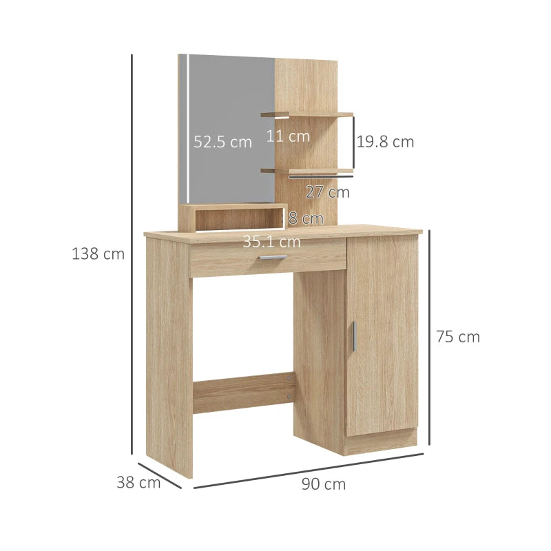 Vanity Mirror Dressing Table with Open Style Shelving and 2-Storage Sections - Maple Wood Effect