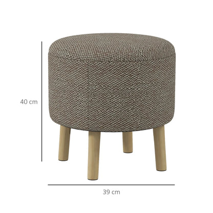 Round Linen Look Cushioned Top Storage Footstool / Ottoman with 4 Wooden Feet - Beige / Grey