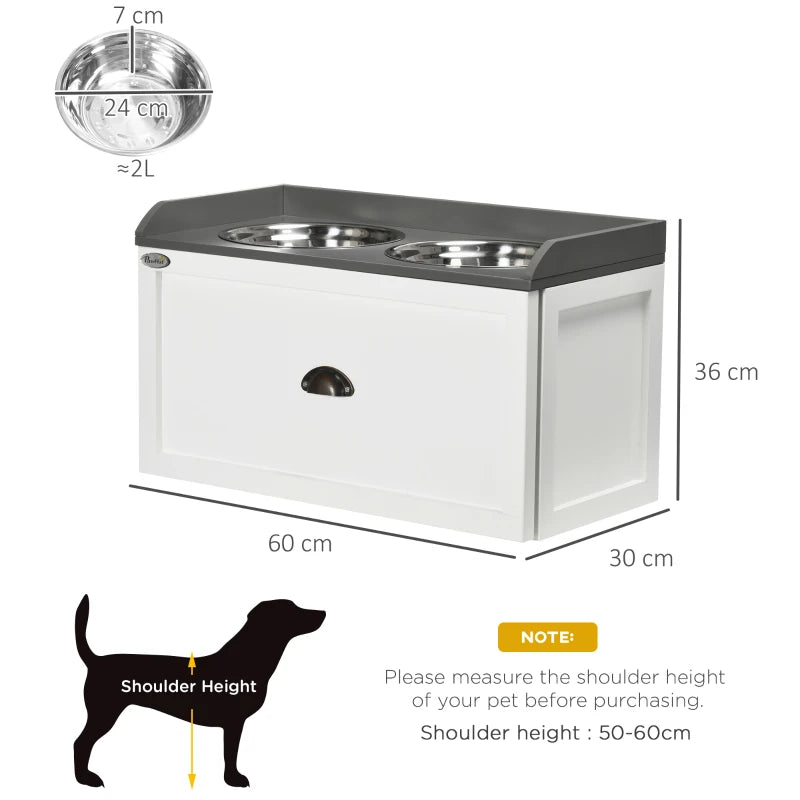 Raised Dog Feeder with 2 Stainless Steel Bowls & 21L Storage Drawer - White