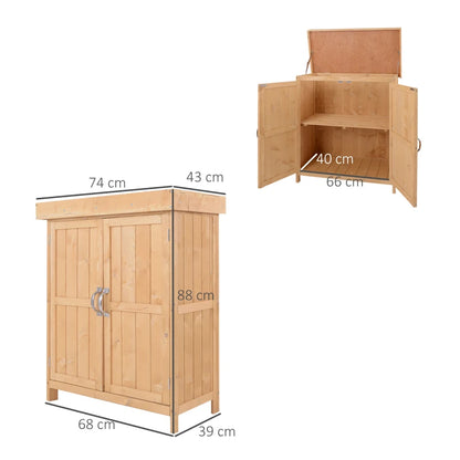 Mid Size Garden Shed with 2-Tier Shelving and Hinged Openable Roof - Natural Brown Wood Effect