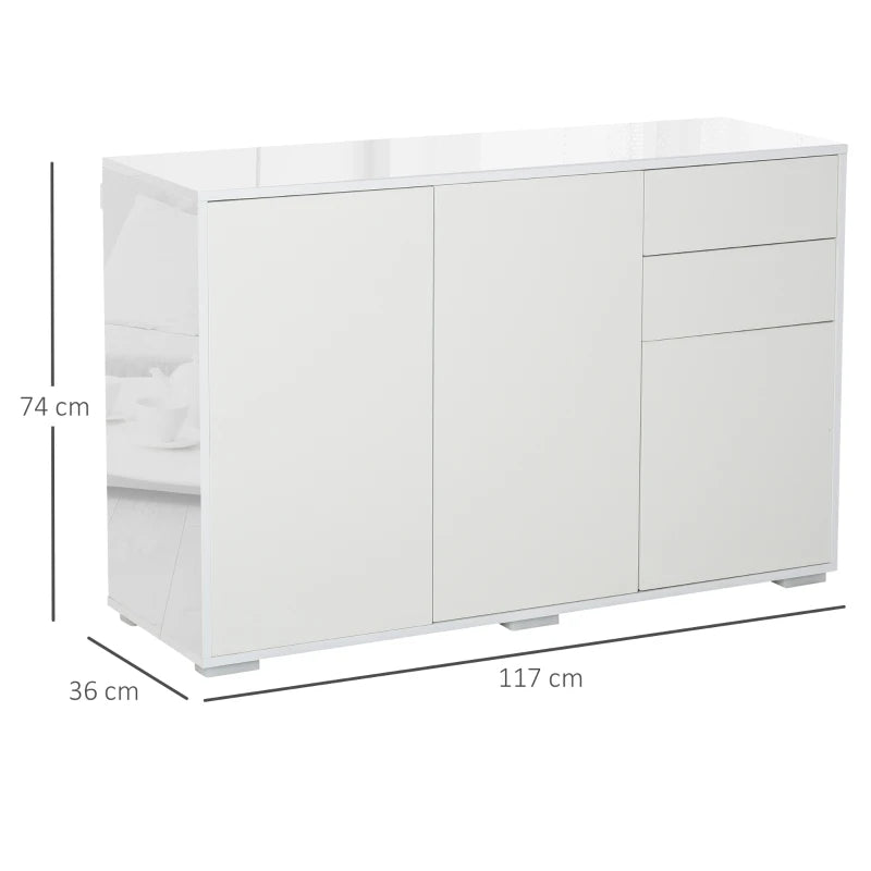 High Gloss Push-Open Design Storage Cabinet with Large & Small Cupboard and 2 Flatbed Drawers - White