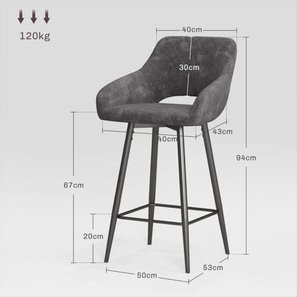 Set of 2 Velvet Feel Bar Stools with Medium Arm Support and Steel Legs