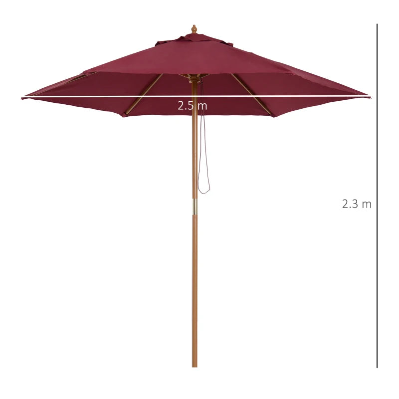 2.5m - Wooden Garden Parasol Outdoor Canopy Sun Shade for Patio - Wine Red