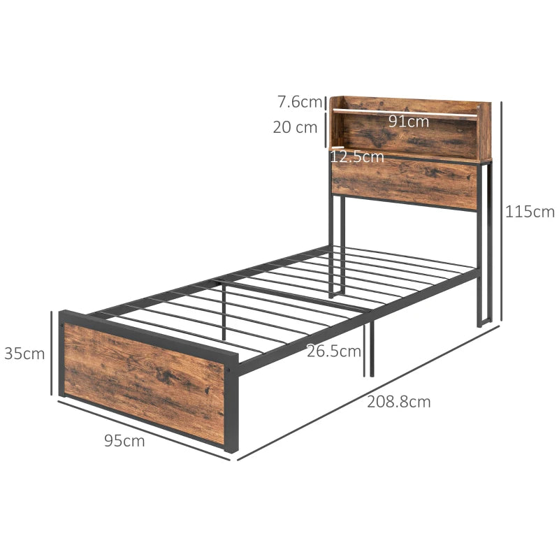 Single - Industrial Style Single Bed Frame with Storage Headboard and Underneath Storage