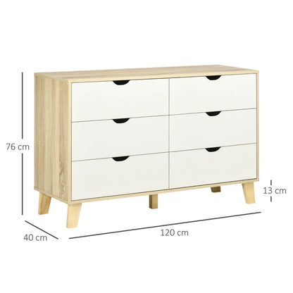 Wide Two-Tone White and Natural Wood Chest of Drawers with 6-Drawers and Open Style Handles