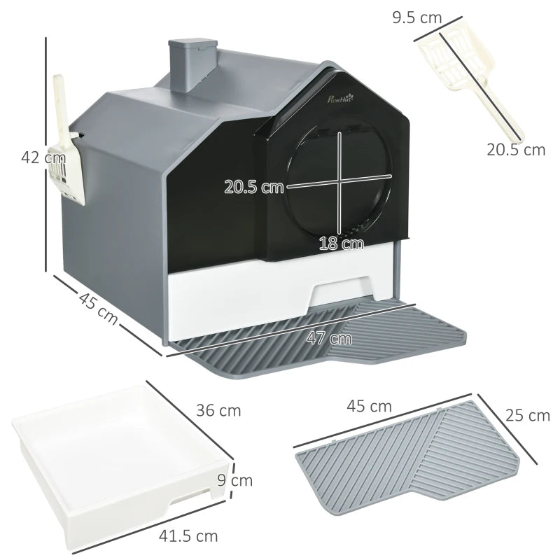 Home Style Cat Litter House Tray with Chimney Filter, Pull Out Tray and Front Door - Grey