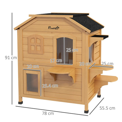 2-Story Cat Mansion with Openable Roof, Jumping Platforms and Front Door - Natural Wood