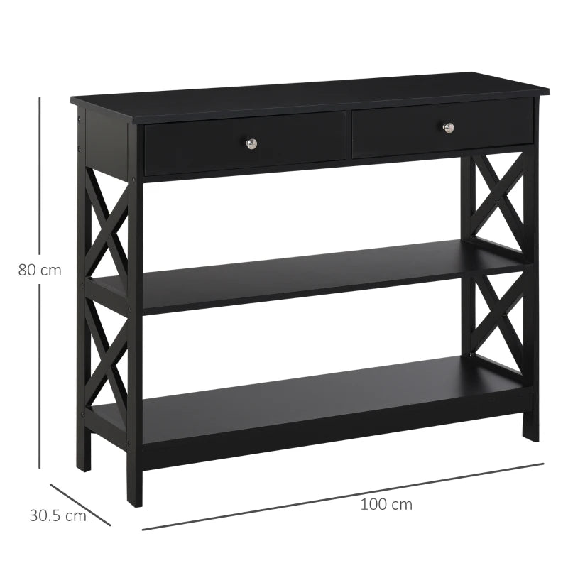 Side Console Table with Open Style Shelving and 2-Drawers - Black