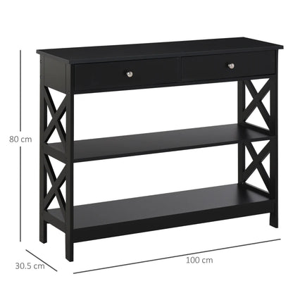 Side Console Table with Open Style Shelving and 2-Drawers - Black