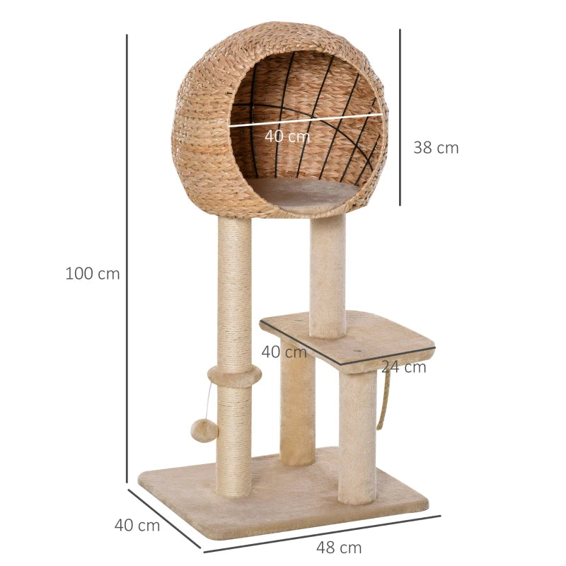 100cm - Cosy Treehouse Style Cat Tree with Toy Ball, Scratching Post, Teasing Rope and Sphere Bed