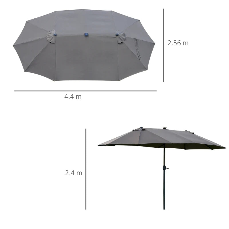 LED - Double Sided Parasol Sun Umbrella - Solar Lights - (4.4m) - (Base Not Included) - Dark Grey