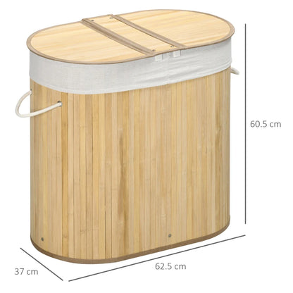 100L - Dual Section Lights & Darks - Bamboo Laundry Hamper with Removable Washing Lining - Natural Wood