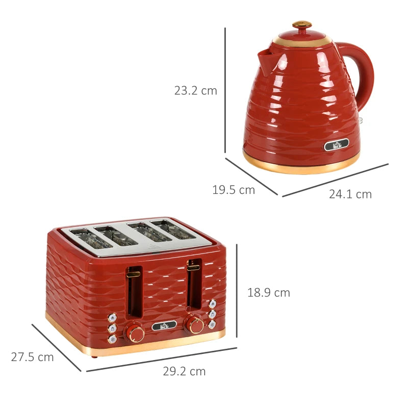 Kettle (1.7L) and Toaster Set with 7 Browning Controls and Crumb Tray (4 Slice) - Red / Gold