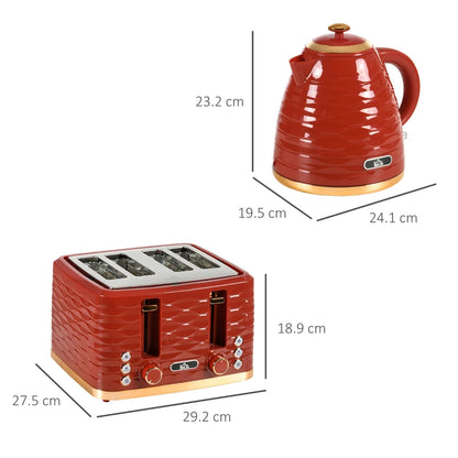 Kettle (1.7L) and Toaster Set with 7 Browning Controls and Crumb Tray (4 Slice) - Red / Gold