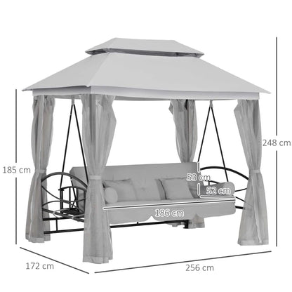 2-in-1 - 3 Seater Convertible Bed / Gazebo Swing Chair with Double Tier Canopy, Cushioned Seat and Mesh Sidewalls - Grey