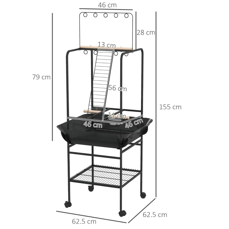 Black Steel Bird Feeder Stand / Play Table with Perches, Feeding Bowls, Dropping Tray and Underneath Storage